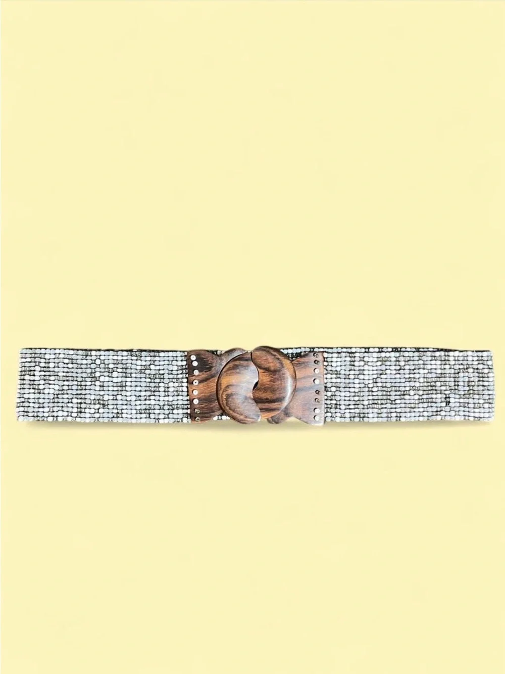 Vintage Beaded Stretch Belt Wooden Buckle Boho Artisan Waist Belt